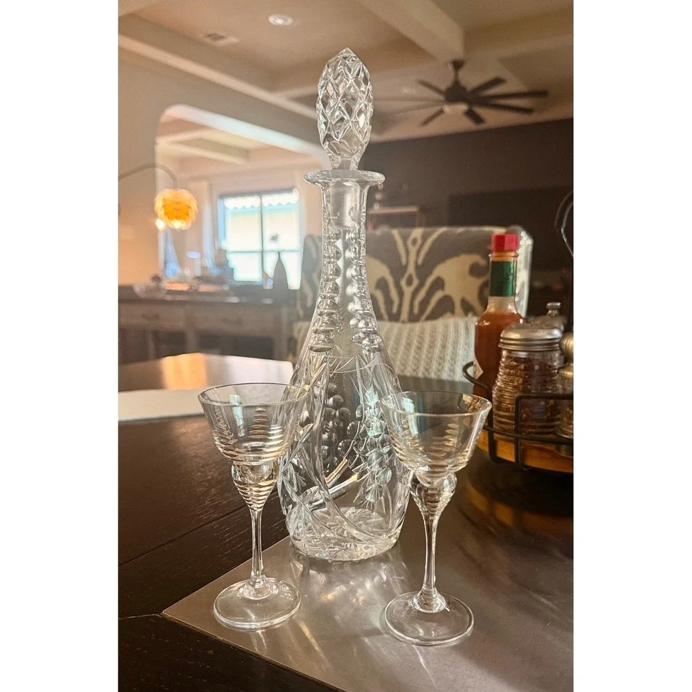 Vintage Gold Decorated Cordial Glasses Set of 12 Optic Spiral Stem‎ Cocktail Bar
